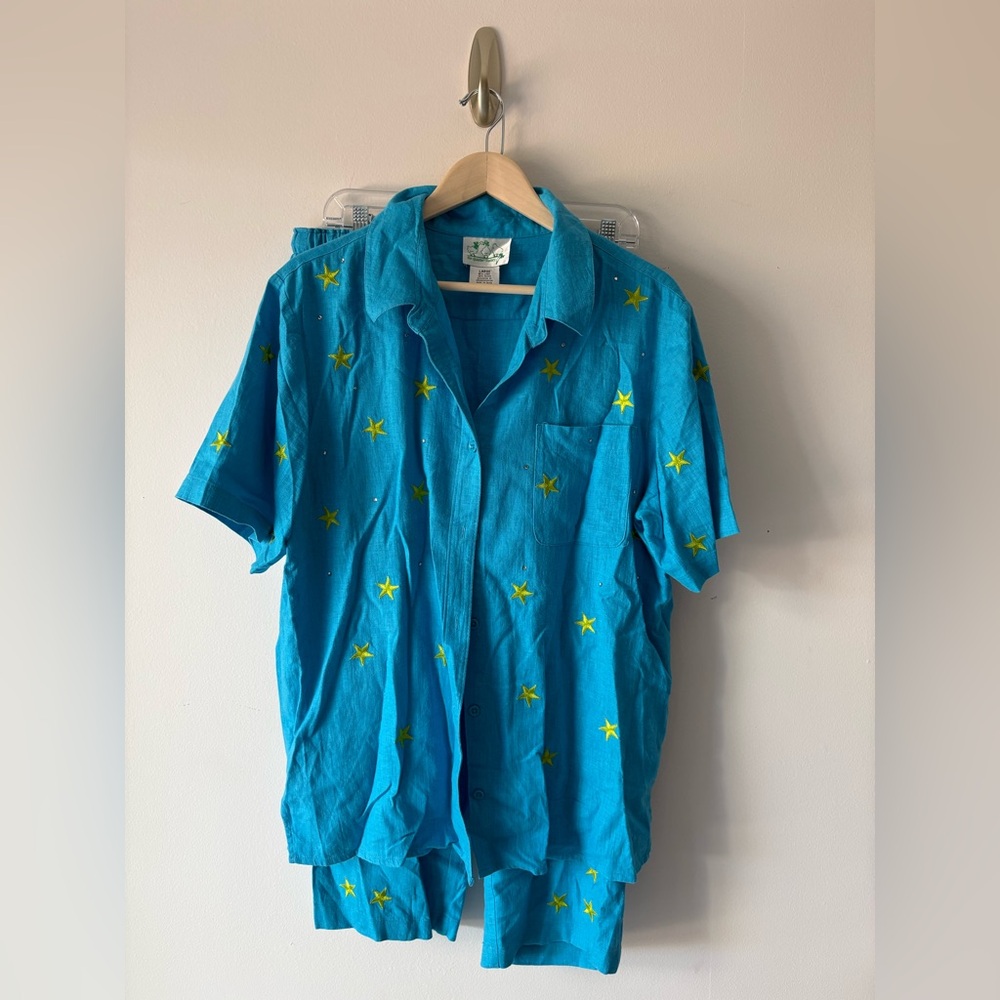 Vintage Quacker Factory Linen Blend Turquoise and Green Star Set